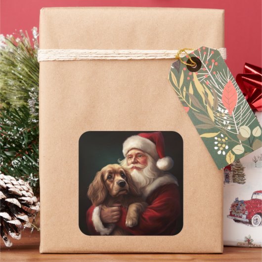 Cocker Spaniel mit Weihnachtsmann Weihnachten Quadratischer Aufkleber (Feiertag)