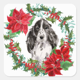 Cocker Spaniel Poinsettia Weihnachtsfeier Quadratischer Aufkleber