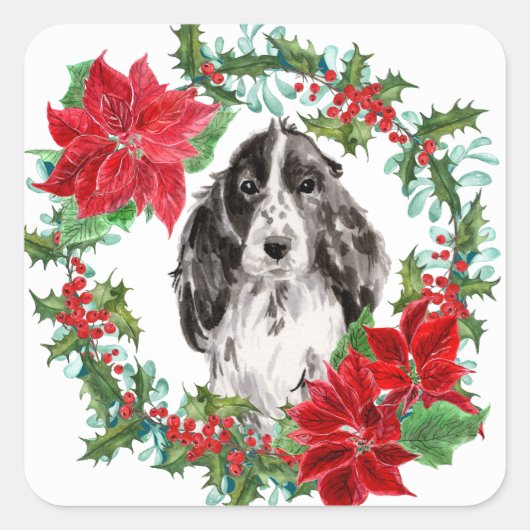 Cocker Spaniel Poinsettia Weihnachtsfeier Quadratischer Aufkleber (Vorderseite)