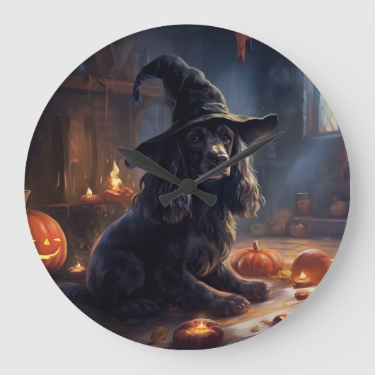 Cocker Spaniel Pumpkins Halloween Beängstigend Große Wanduhr (Vorderseite)