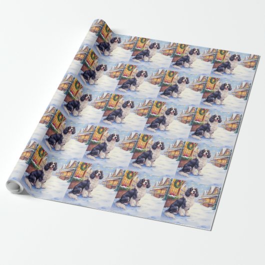 Cocker Spaniel Schneeiges Dorf Weihnachtskunst Geschenkpapier (Ungerollt)