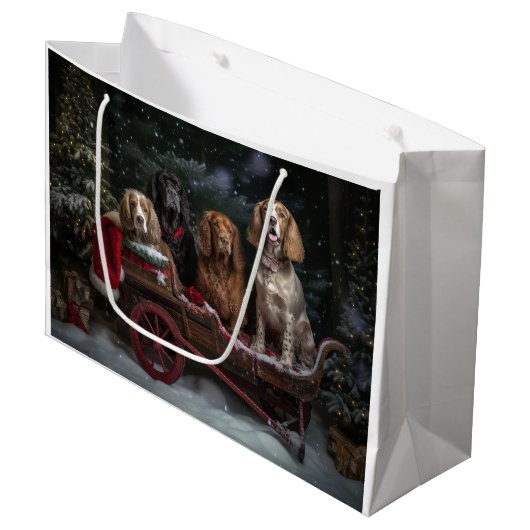 Cocker Spaniel Snowy Sleigh Weihnachtsdekor Große Geschenktüte (Vorderseite Schrägansicht)