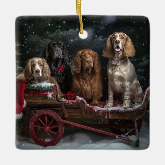 Cocker Spaniel Snowy Sleigh Weihnachtsdekor Keramikornament (Vorderseite)