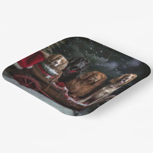 Cocker Spaniel Snowy Sleigh Weihnachtsdekor Pappteller (Gewinkelt)