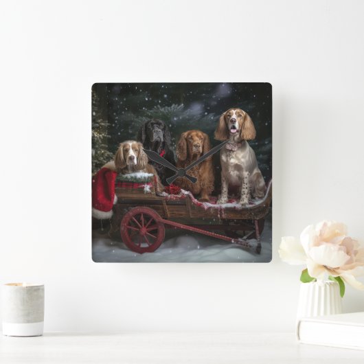 Cocker Spaniel Snowy Sleigh Weihnachtsdekor Quadratische Wanduhr (Zuhause)