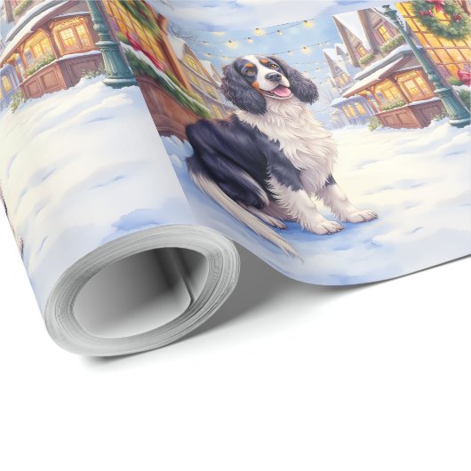 Cocker Spaniel Snowy Village Christmas Art Geschenkpapier (Rolleneckpunkt)