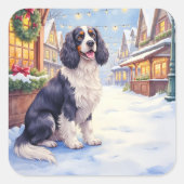Cocker Spaniel Snowy Village Christmas Art Quadratischer Aufkleber (Vorderseite)