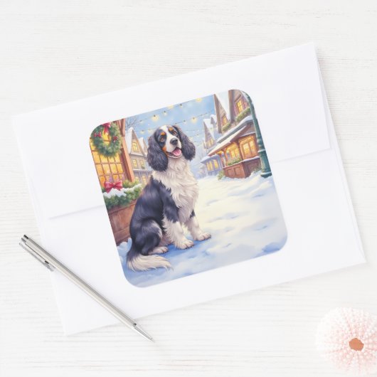 Cocker Spaniel Snowy Village Christmas Art Quadratischer Aufkleber (Umschlag)