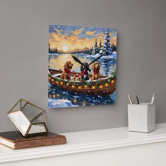 Cocker Spaniel Weihnachtsboot Urlaub Quadratische Wanduhr (Büro)