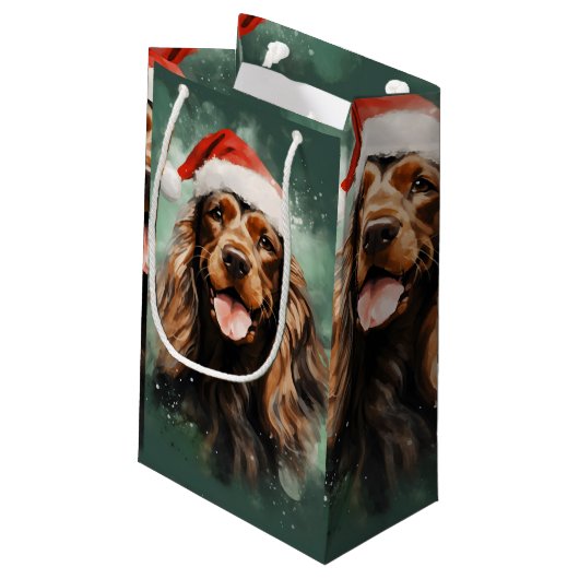 Cocker Spaniel Weihnachtsmalerei Kunstwerk Kleine Geschenktüte (Rückseite Schrägansicht)