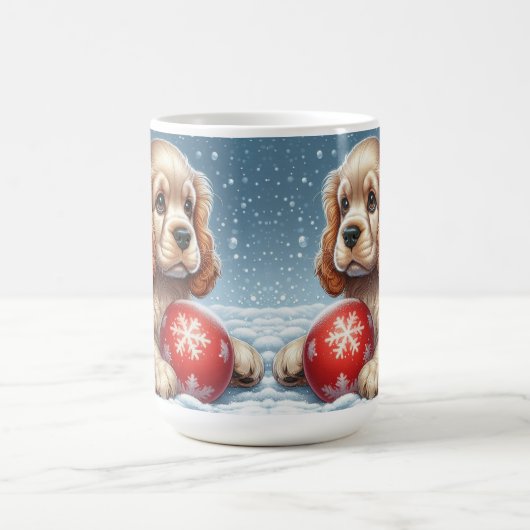 Cocker Spaniel Welpe auf Schnee mit einer Kugel Kaffeetasse (Mittel)