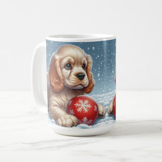 Cocker Spaniel Welpe auf Schnee mit einer Kugel Kaffeetasse (Vorderseite Links)