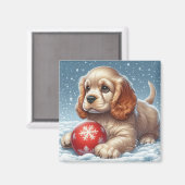 Cocker Spaniel Welpe auf Schnee mit einer Kugel Magnet (Vorderseite/Rückseite)