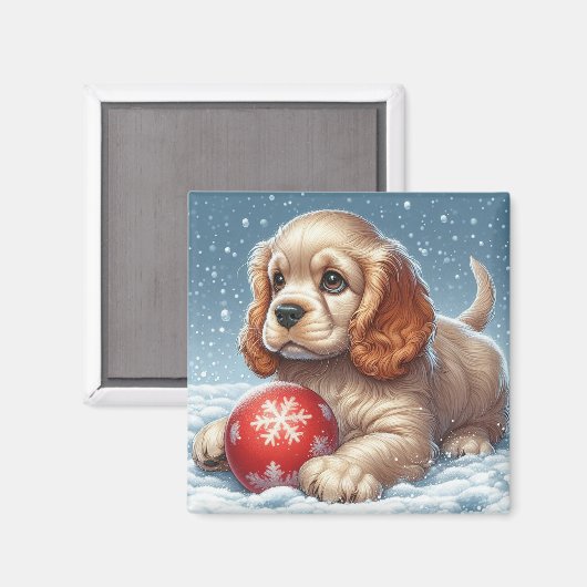 Cocker Spaniel Welpe auf Schnee mit einer Kugel Magnet (Vorderseite/Rückseite)