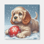 Cocker Spaniel Welpe auf Schnee mit einer Kugel Magnet (Vorne)