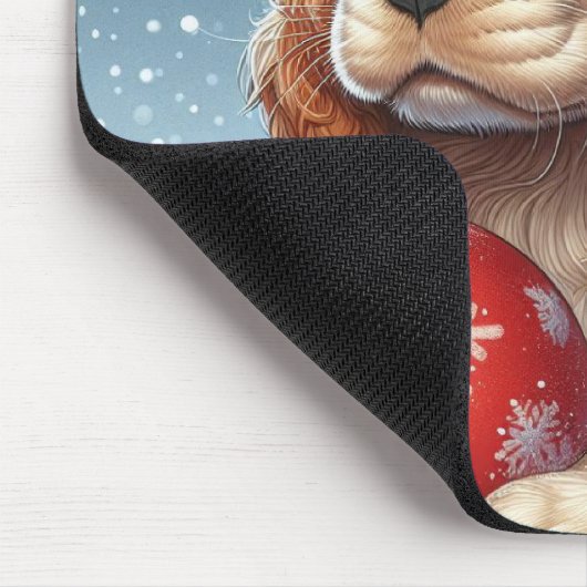 Cocker Spaniel Welpe auf Schnee mit einer Kugel Mousepad (Ecke)