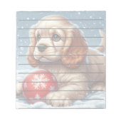 Cocker Spaniel Welpe auf Schnee mit einer Kugel Notizblock (Vorderseite)