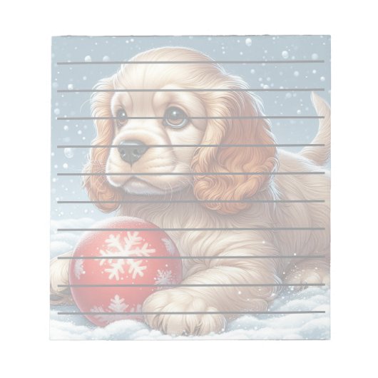 Cocker Spaniel Welpe auf Schnee mit einer Kugel Notizblock (Vorderseite)