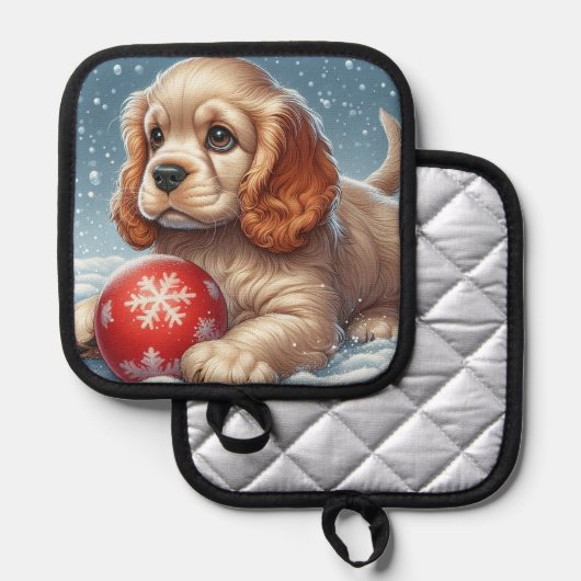 Cocker Spaniel Welpe auf Schnee mit einer Kugel Topflappen (Vorderseite/Rückseite)