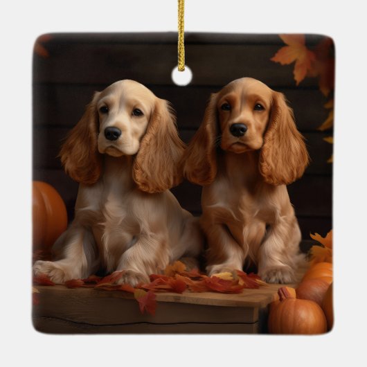 Cocker Spaniel Welpe Autumn Delight Pumpkin Keramikornament (Rückseite)