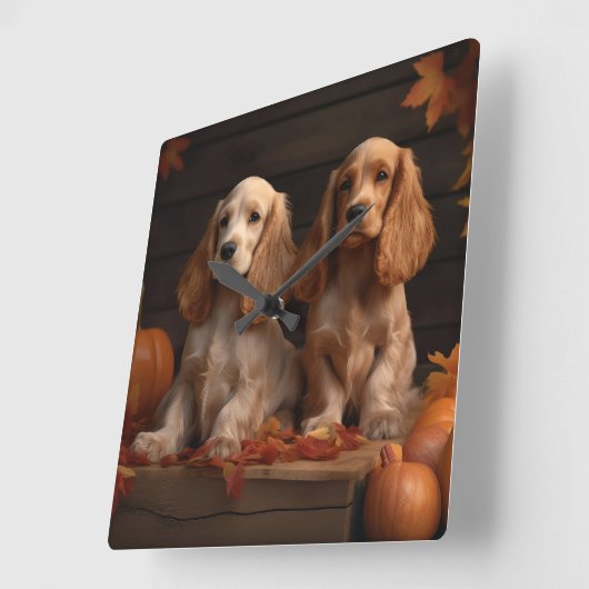 Cocker Spaniel Welpe Autumn Delight Pumpkin Quadratische Wanduhr (Winkel)