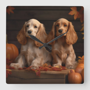 Cocker Spaniel Welpe Herbstfreude Kürbis Quadratische Wanduhr
