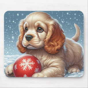 Cocker Spaniel Welpe ruht auf Schnee mit einem Bal Mousepad
