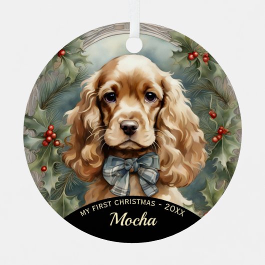 Cocker Spaniel Welppy's First Christmas Ornament Aus Metall (Vorderseite)