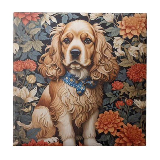 Cocker Spaniel William Morris Inspirierte Floral Fliese (Vorderseite)