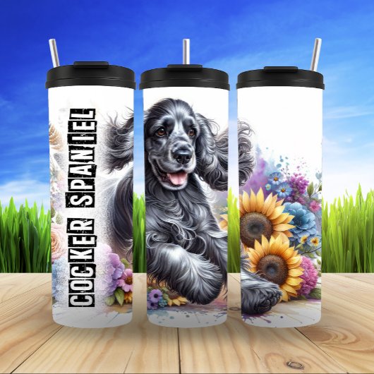 Cocker Spaniels sonnige Blütenfülle Thermosbecher