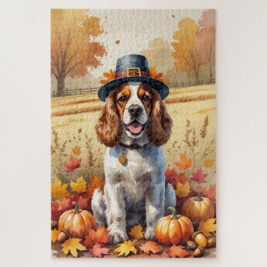 Cocker Spanier im Herbst hinterlässt Erntedank Kun Puzzle (Vertikal)