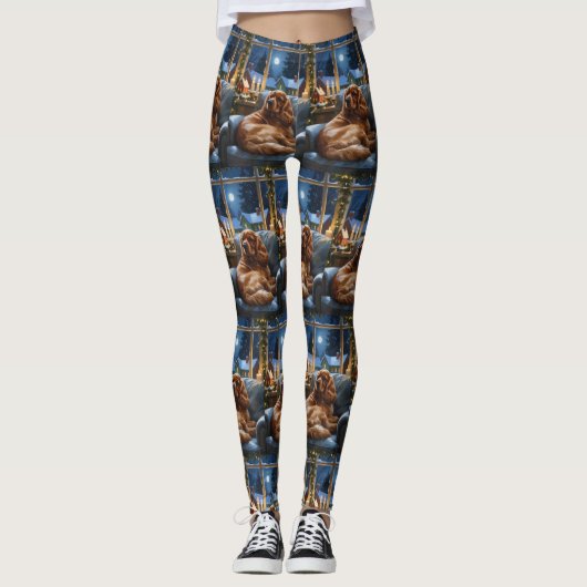Cocker Spanier mit Weihnachts-Lichterfest Leggings (Vorderseite)