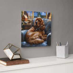 Cocker Spanier mit Weihnachts-Lichterfest Quadratische Wanduhr