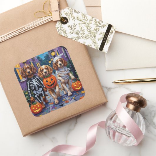 Cocker Spanierhunde Trick-or-Treating zu Halloween Quadratischer Aufkleber (Schenken)