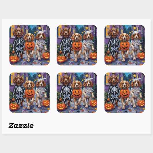 Cocker Spanierhunde Trick-or-Treating zu Halloween Quadratischer Aufkleber (Blatt)