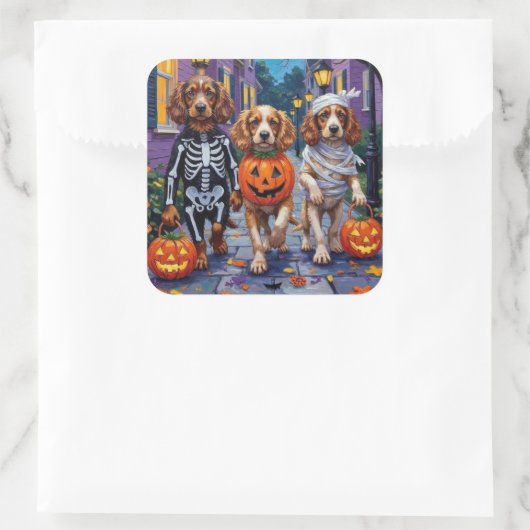 Cocker Spanierhunde Trick-or-Treating zu Halloween Quadratischer Aufkleber (Tasche)