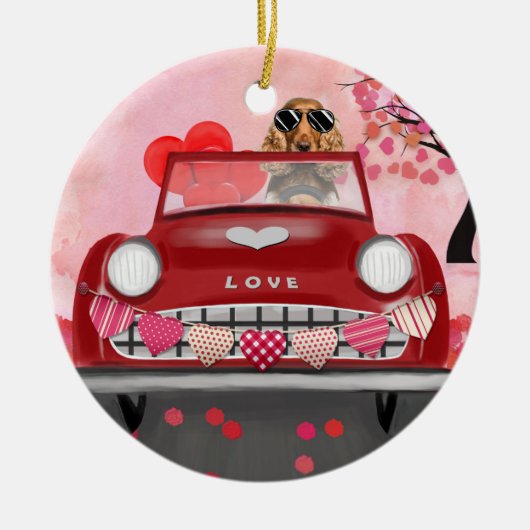 Cocker Spanierwagen mit Herz Valentins Keramik Ornament (Vorne)