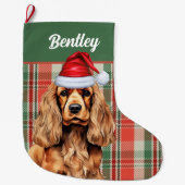 Cocker Spanisch Grün und Rot Kariert mit Hundename Großer Weihnachtsstrumpf (Vorderseite)