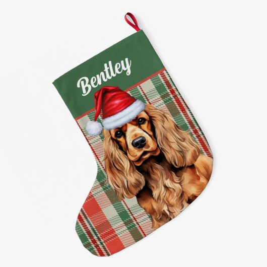 Cocker Spanisch Grün und Rot Kariert mit Hundename Großer Weihnachtsstrumpf (Rückseite (Hängend))