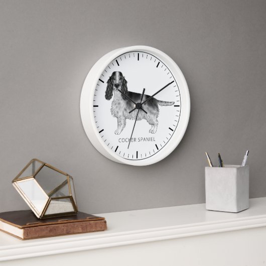 Cocker Spanisch in Schwarz, Weiß und Zoll Uhr (Büro)
