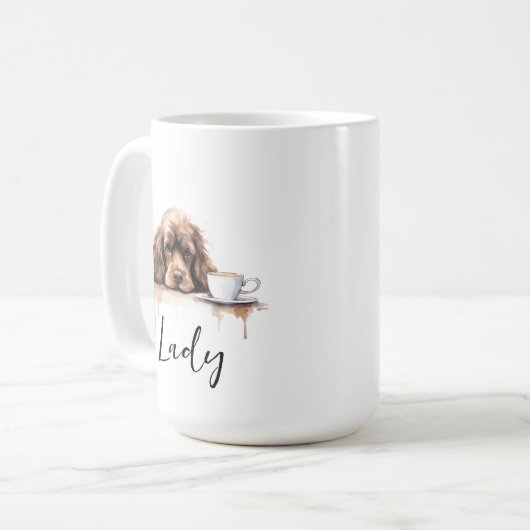 Cocker Spanisch mit Kaffee-Tasse, Hund mit Einstel Kaffeetasse (Vorderseite Links)