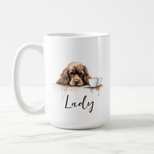 Cocker Spanisch mit Kaffee-Tasse, Hund mit Einstel Kaffeetasse (Links)
