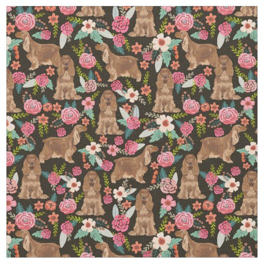 Cocker Spanische Hunde Vintagen Blumen schwarz Stoff (Nahaufnahme)