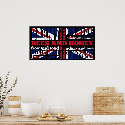 Cockney Rhymslang über Black Union Jack Poster (Küche)