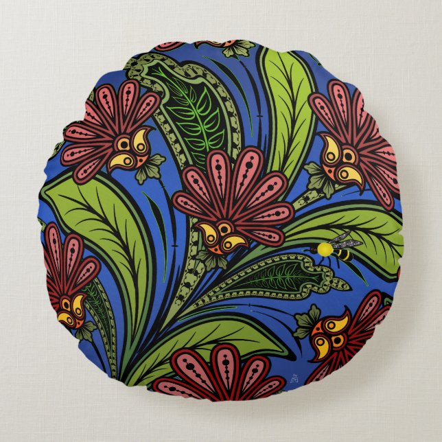 Cockscomb und BumbleBee Vibrant Blue, Green, Rose Rundes Kissen (Vorderseite)