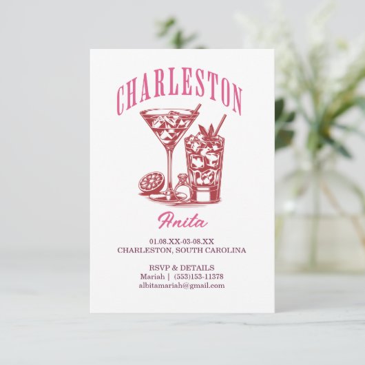 Cocktail am Wochenende in Charleston, rosa Einladung (Stehend Vorderseite)