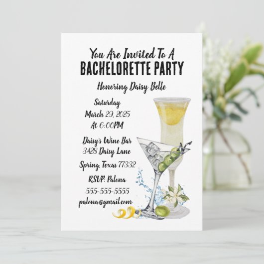 Cocktail Bachelorette Einladung (Stehend Vorderseite)