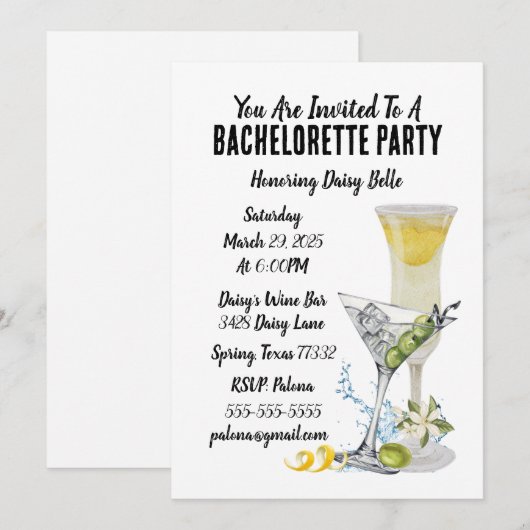 Cocktail Bachelorette Einladung (Vorne/Hinten)