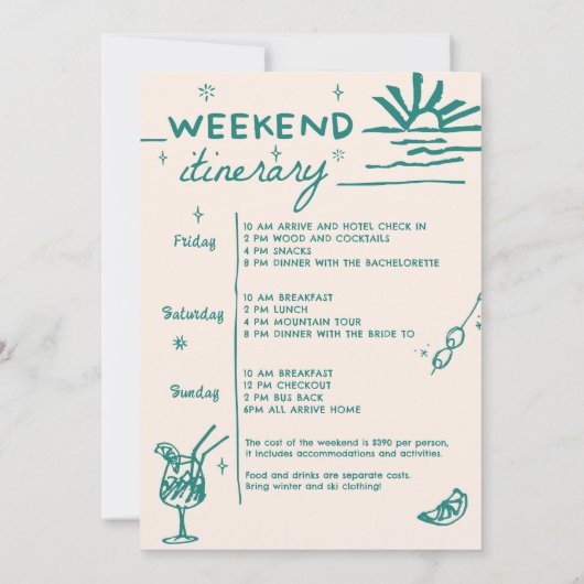 Cocktail Bachelorette Wochenende Party Einladung (Rückseite)