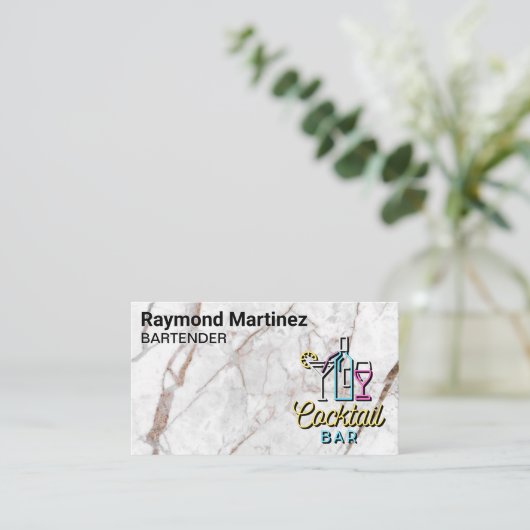 Cocktail-Bar | Marmorweiß Visitenkarte (Stehend Vorderseite)